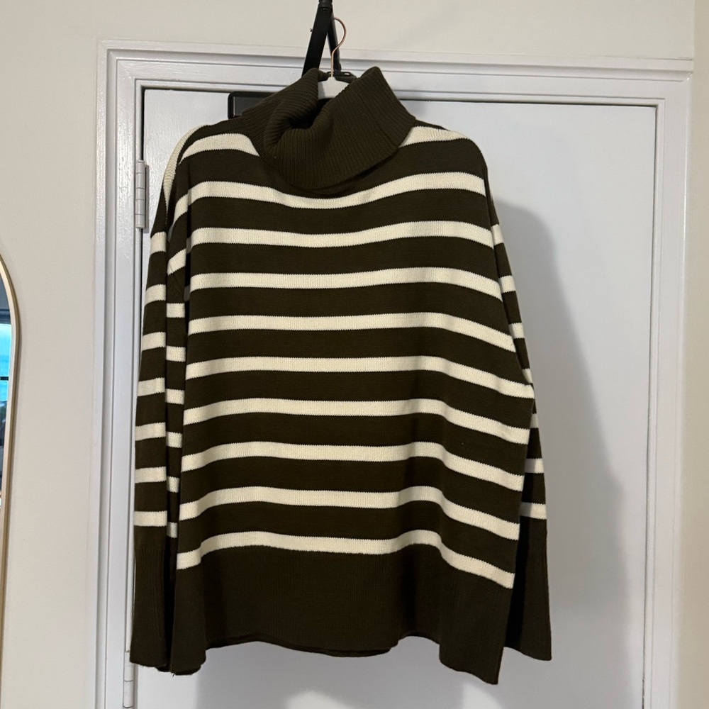WeWoreWhat Olive and Cream Striped Turtleneck Sweater
